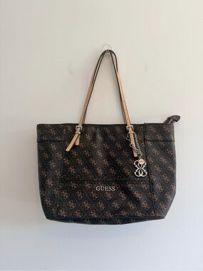 Y2K GUESS Brown Monogram Tote Bag with Tan Handles